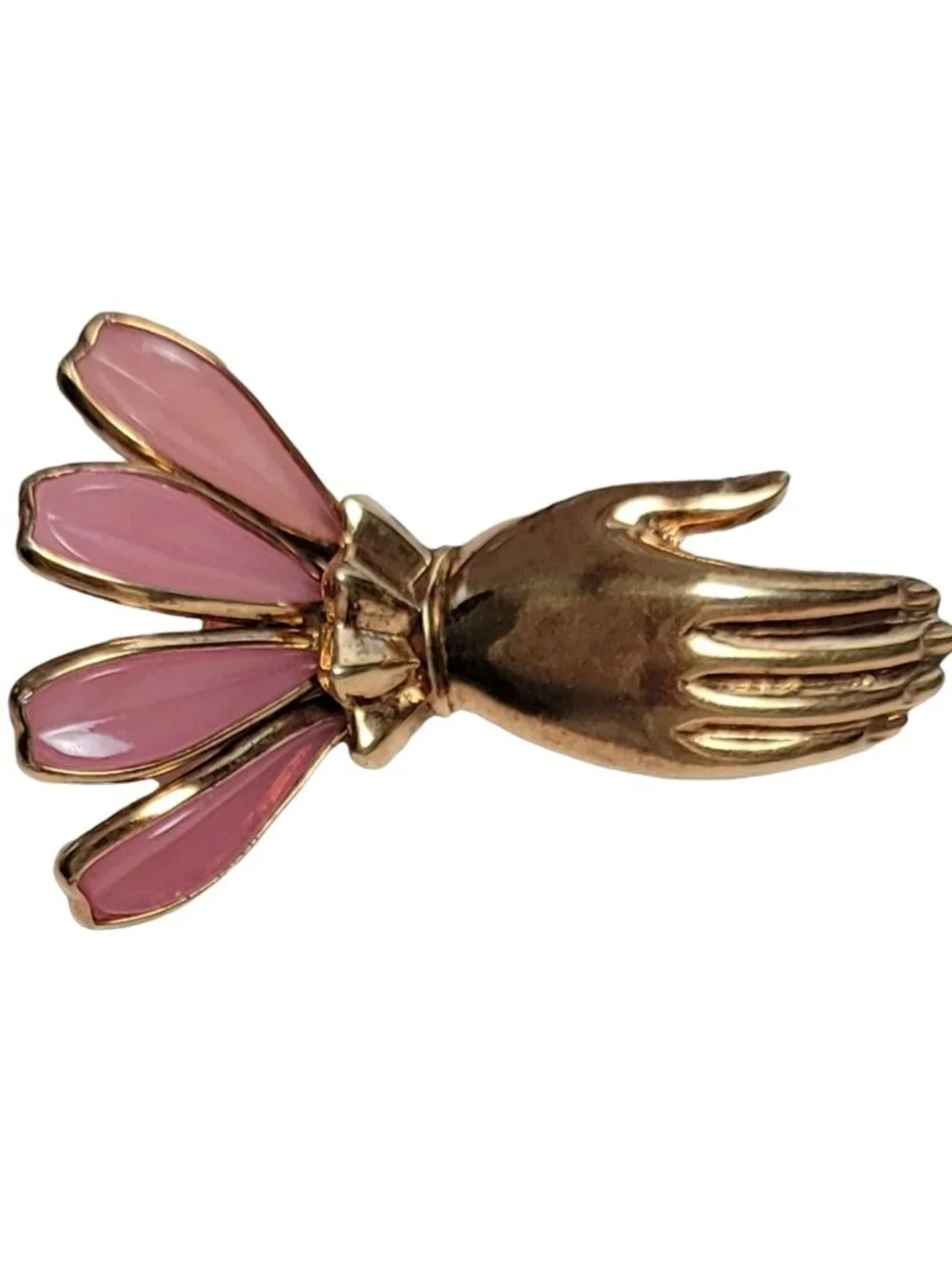 Trifari Gold-Tone Pink Poured Glass Hand Brooch, Philippe, N84
